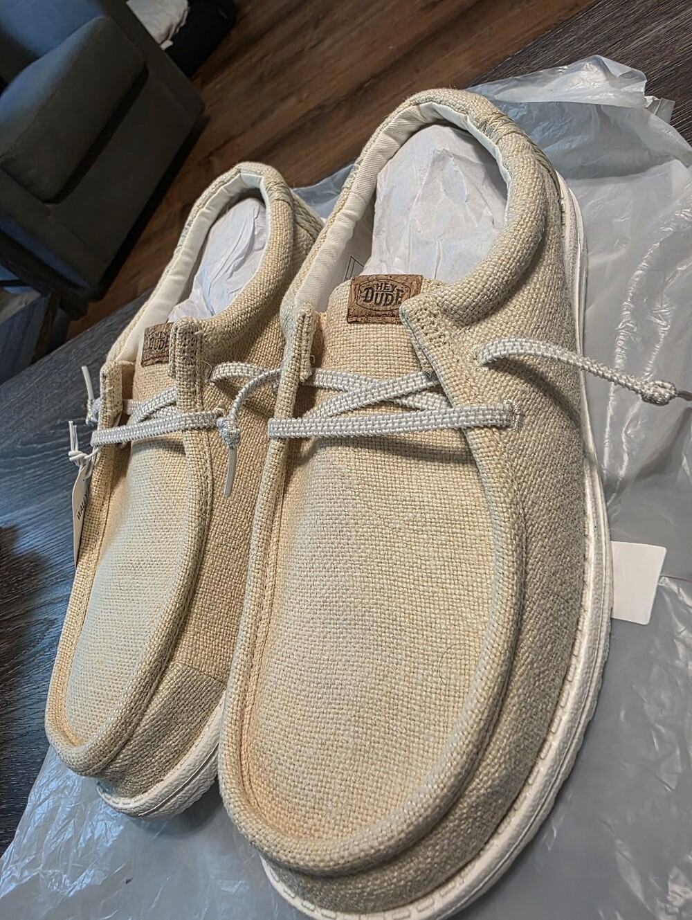 Hey Dude Wally Jute Egret Men's Slip-On Loafers in Beige Canvas